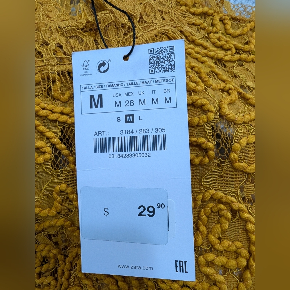 NWT Zara Women's Semi-Sheer Yellow Lace Crop Top - Size Medium - Picture 4 of 7